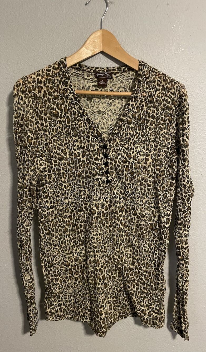 Womens Top XL Henley Animal Print Mesh Sheer Long Sleeve Mob Wife Grunge Y2K